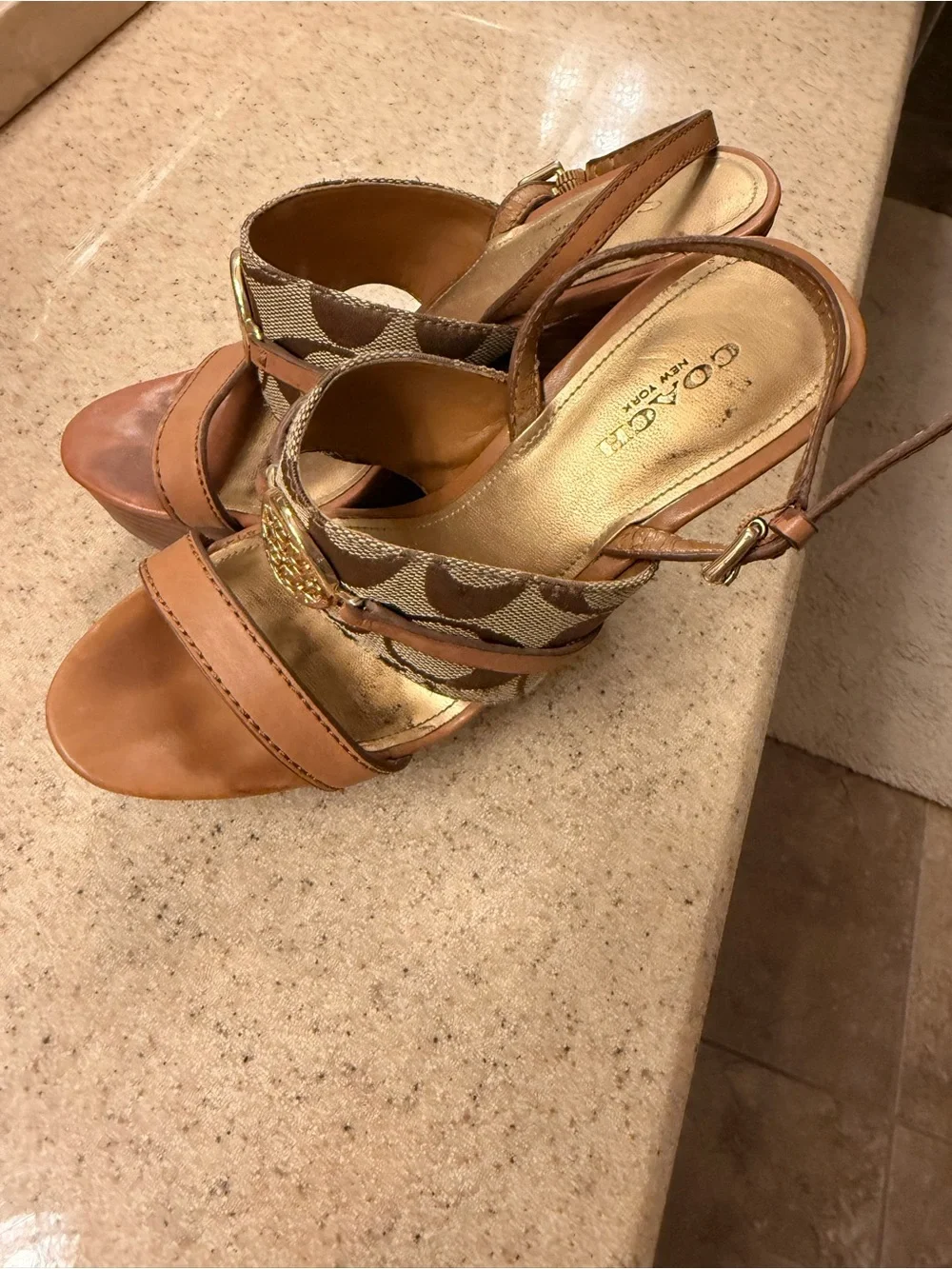 Coach Brown Leather & Signature Canvas Wedge Sandals